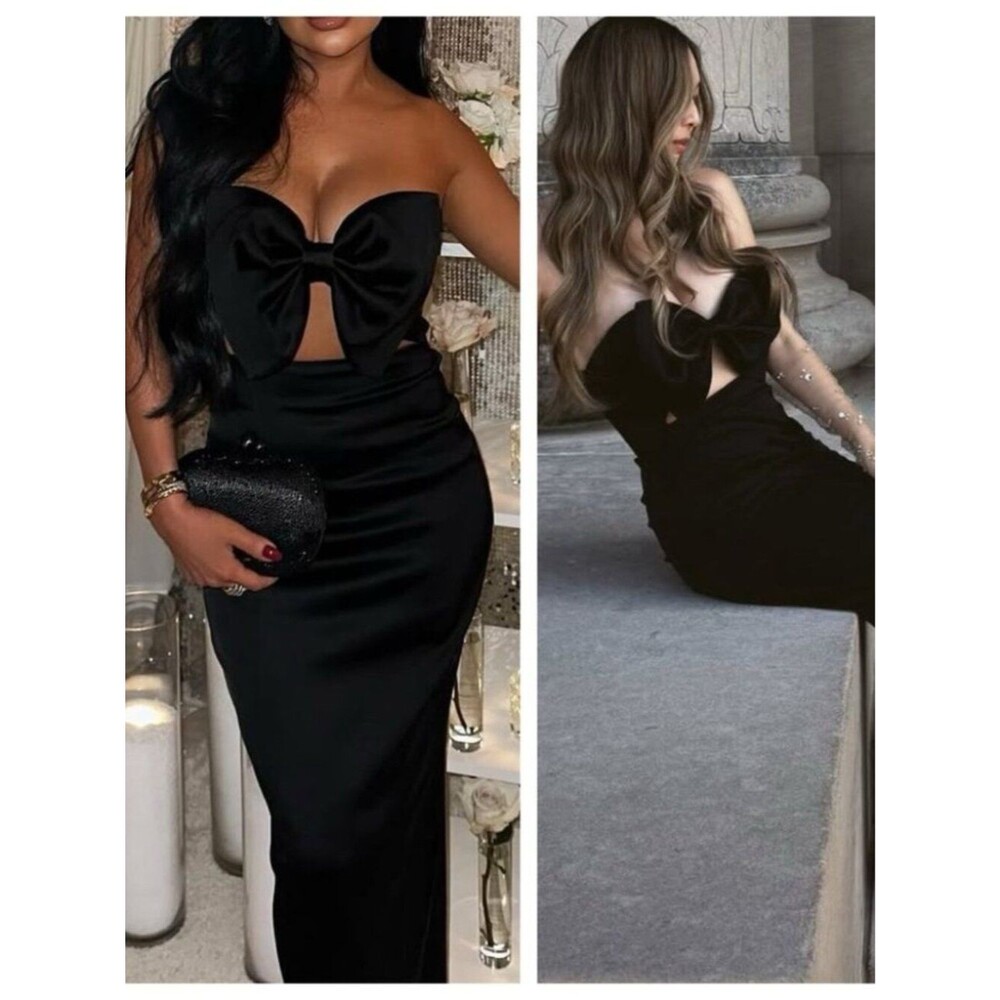NWT Sau Lee Maxi Dress Black Satin Bow Esther Gown Strapless Wedding Guest sz 6